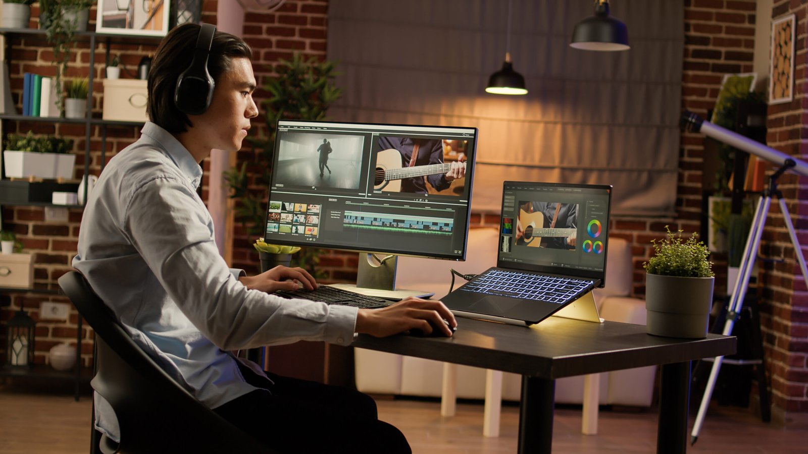 Asian man listening to music and editing video on software